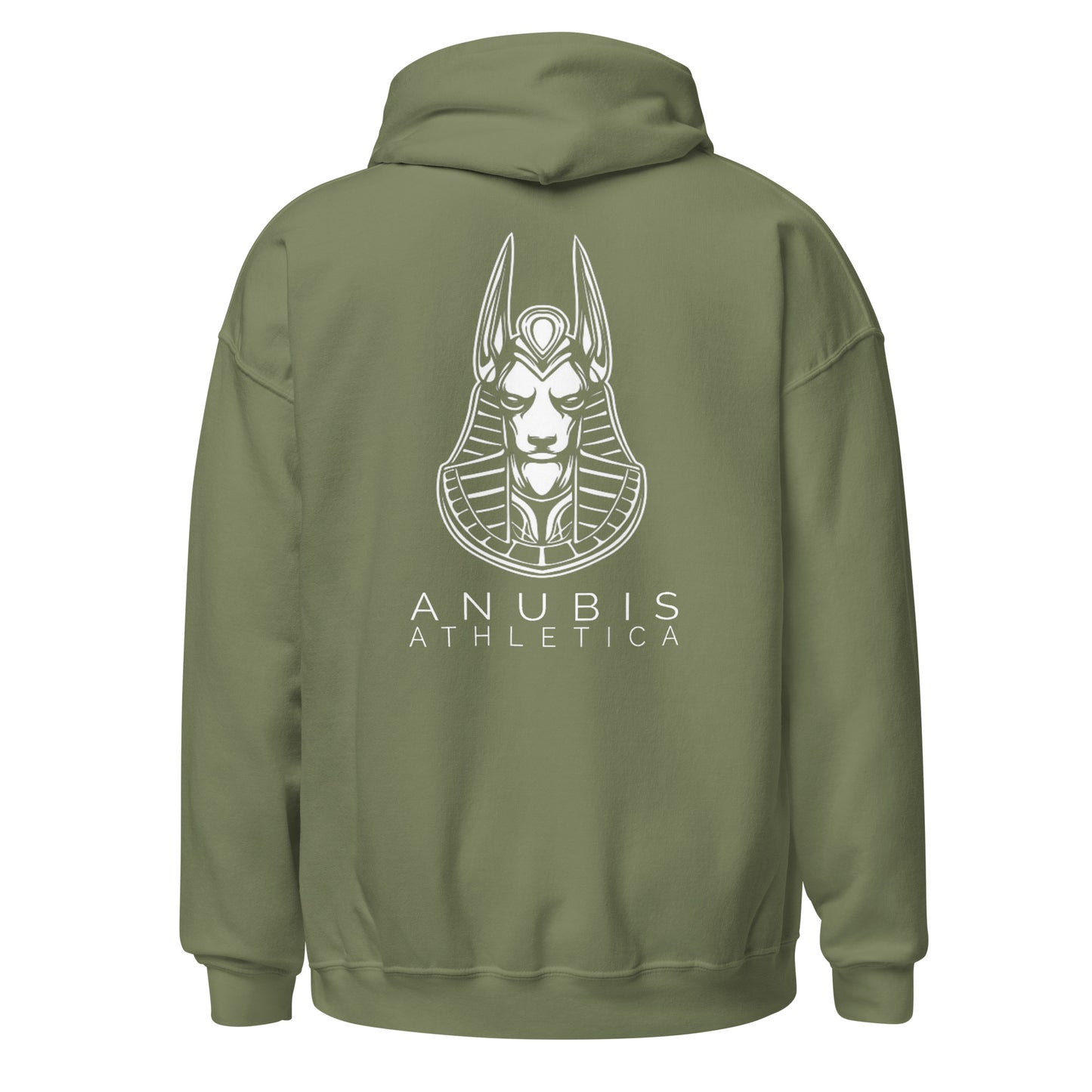 Pullover hoodie with the name Anubis Athletica below a picture of Anubis in white print on the back. Hoodie is color military green