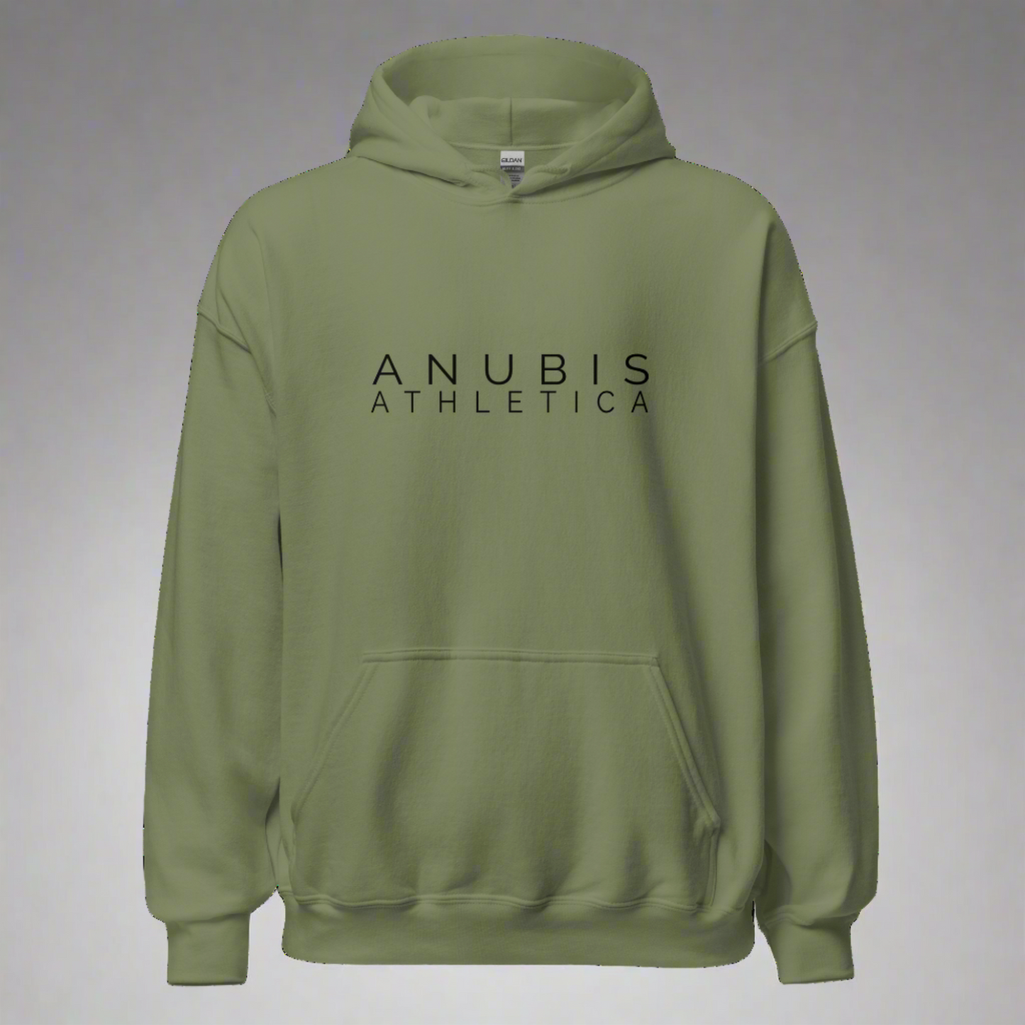 A pull over hoodie with the words Anubis Athletica printed in black on the front. Hoodie is color military green