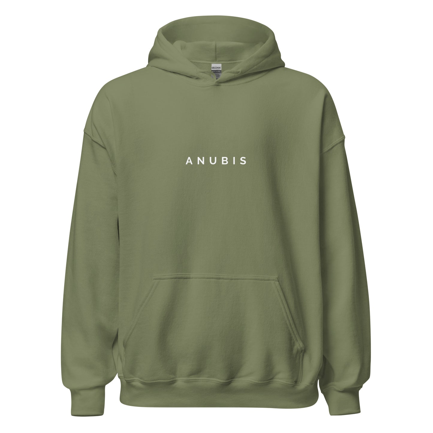 Pullover hoodie with the name Anubis in white print on the front. Hoodie is color military green