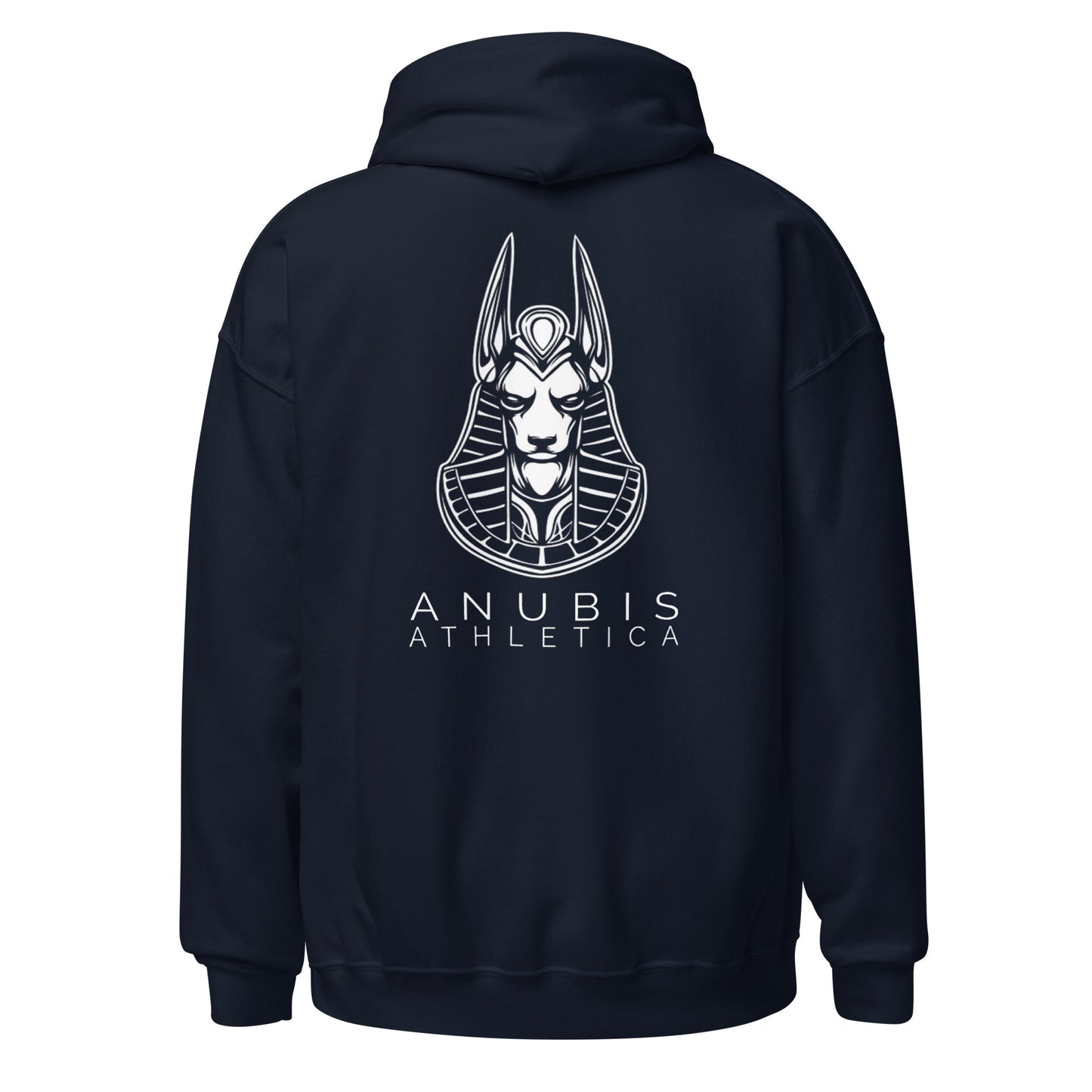 Pull over hoodie sweater with the picture of Anubis and the name Anubis Athletica in white text on the back. Hoodie is color blue