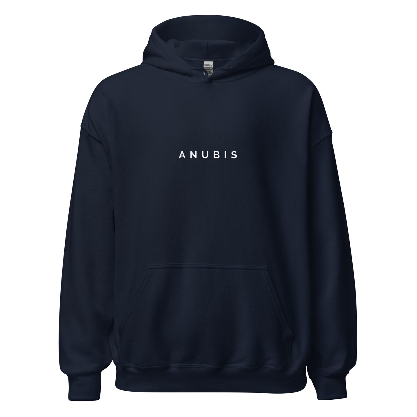 Pull over hoodie with the name Anubis printed in white on the front. Hoodie is color navy blue