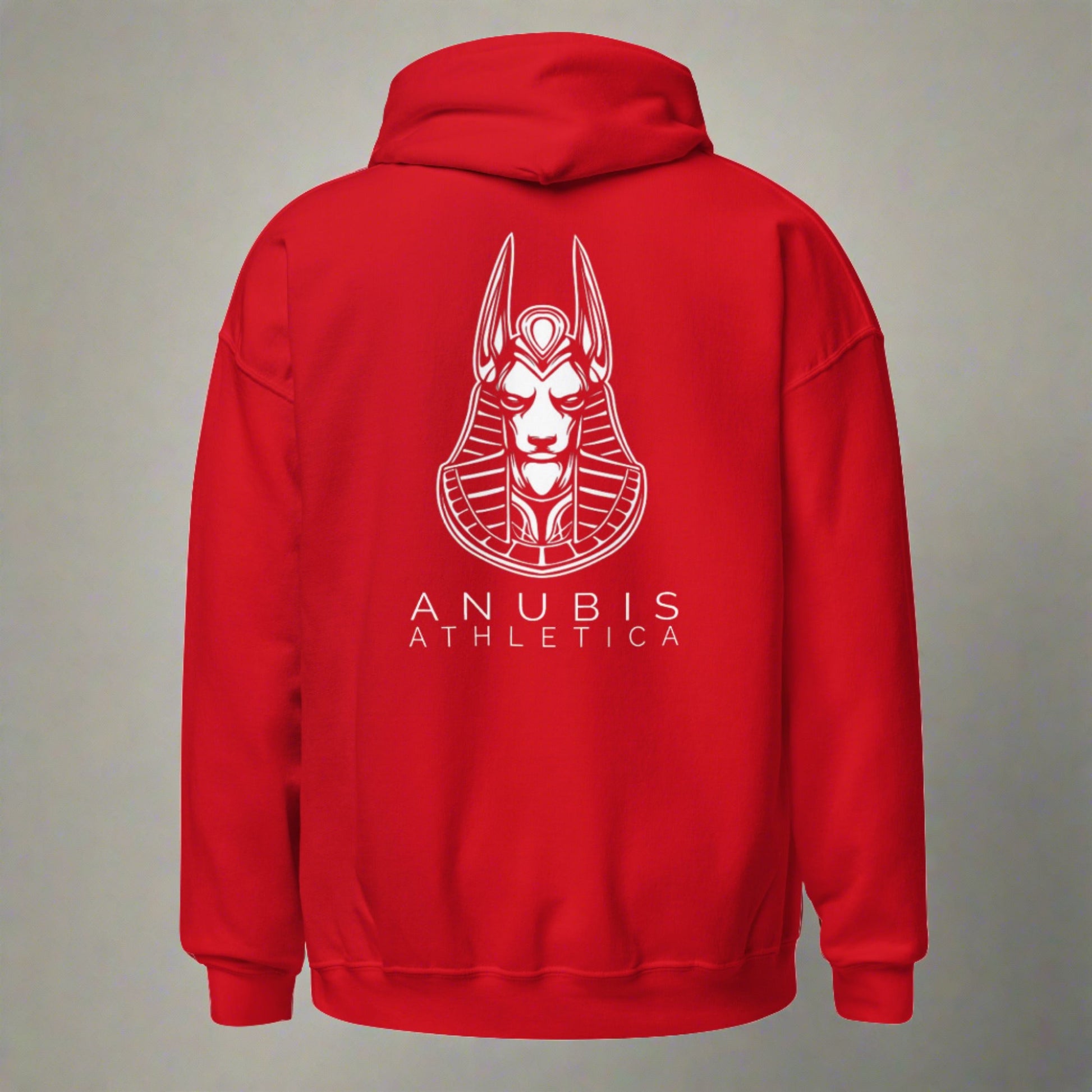 Pull over hoodie sweater with the picture of Anubis and the name Anubis Athletica in white text on the back. Hoodie is color red