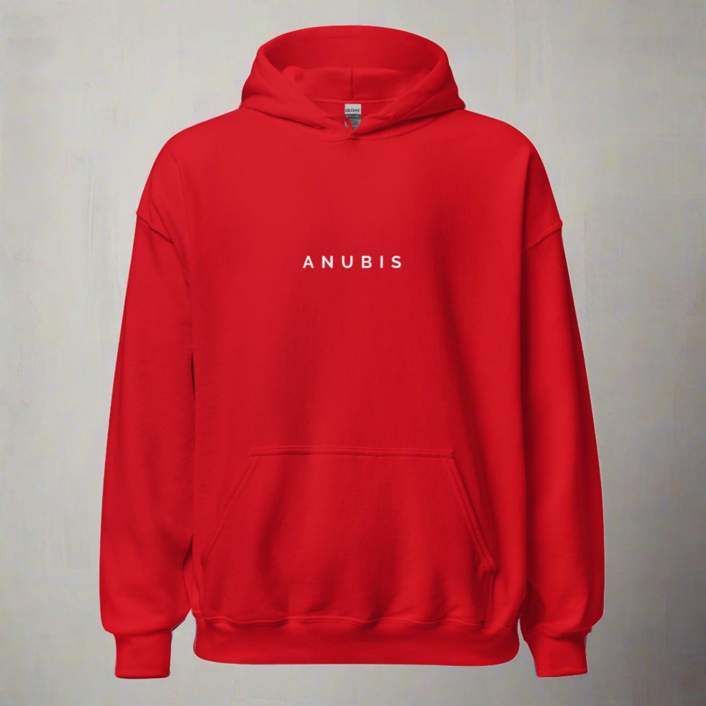 Pull over hoodie sweater with the word Anubis in white text on the front. Hoodie is color red