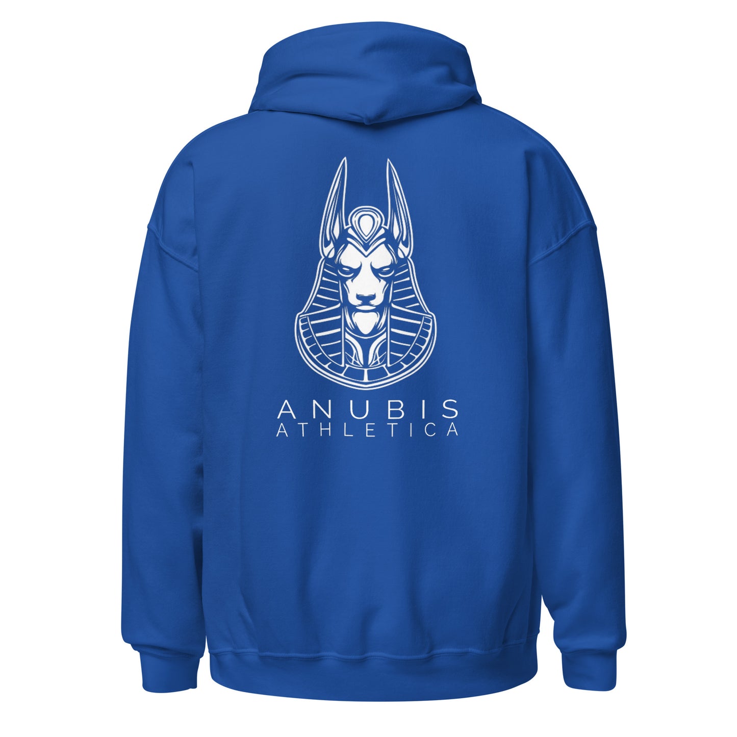 Pullover hoodie with the name Anubis Athletica below a picture of Anubis in white print on the back. Hoodie is color royal blue