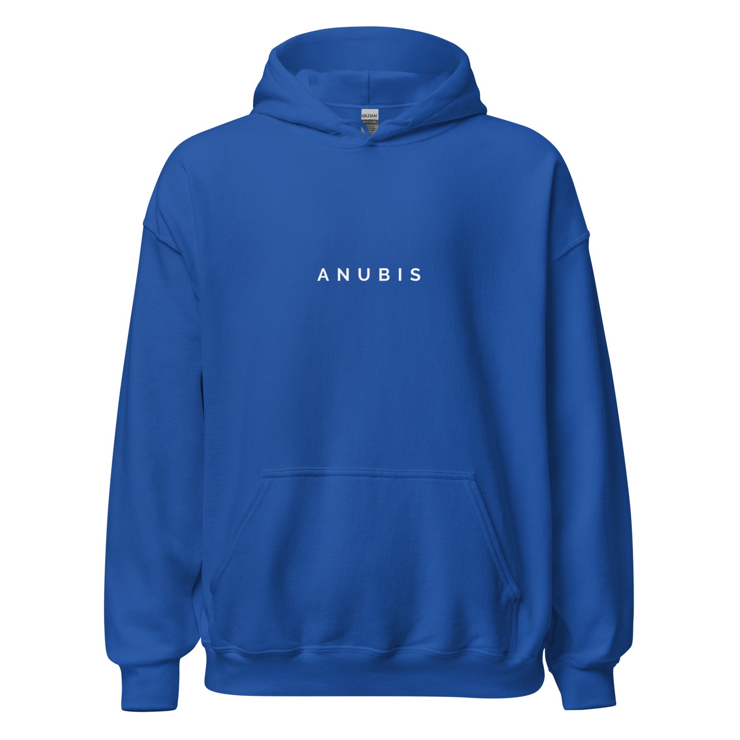 Pull over hoodie sweater with the word Anubis in white text on the front. Hoodie is color royal blue