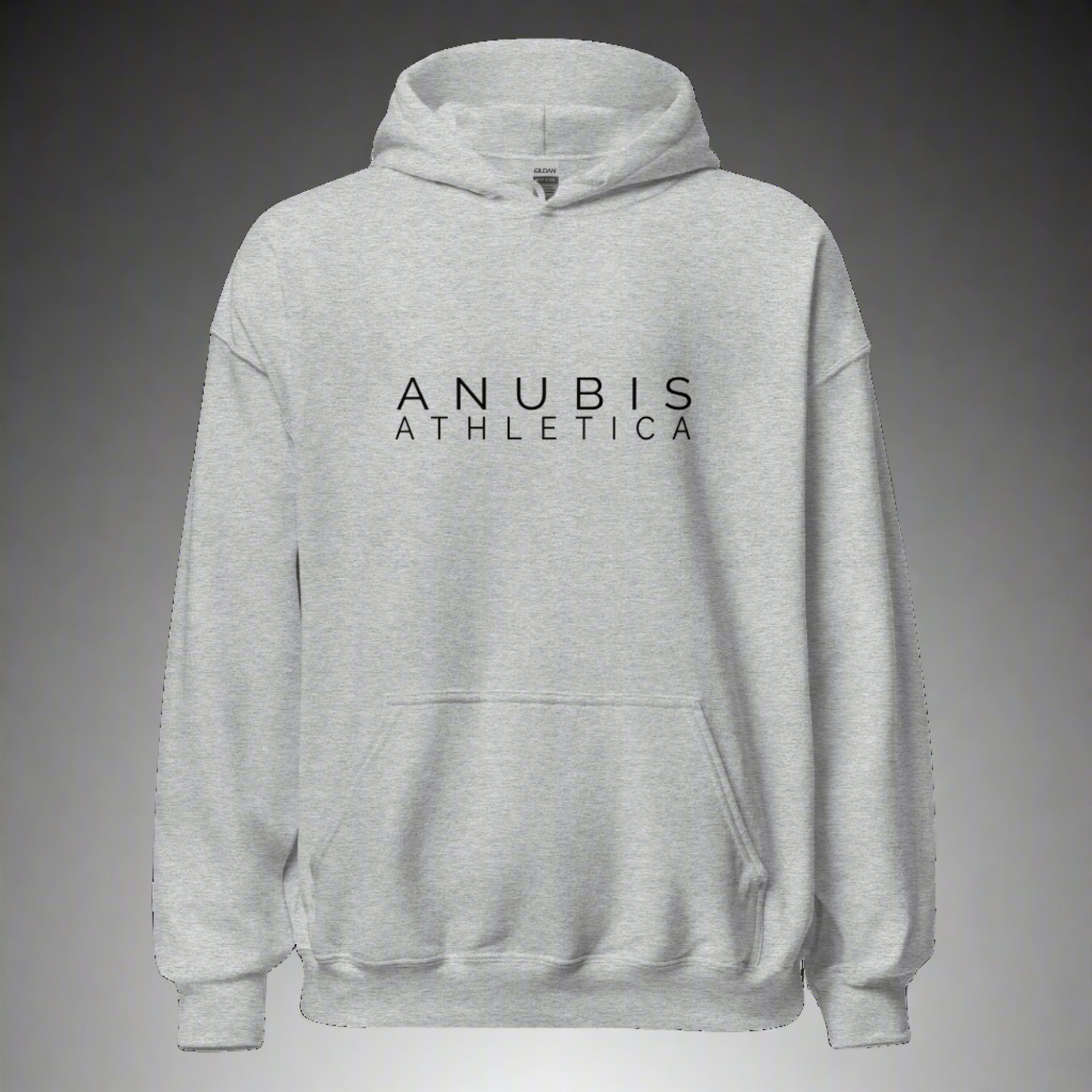 A pull over hoodie with the words Anubis Athletica printed in black on the front. Hoodie is color sport grey