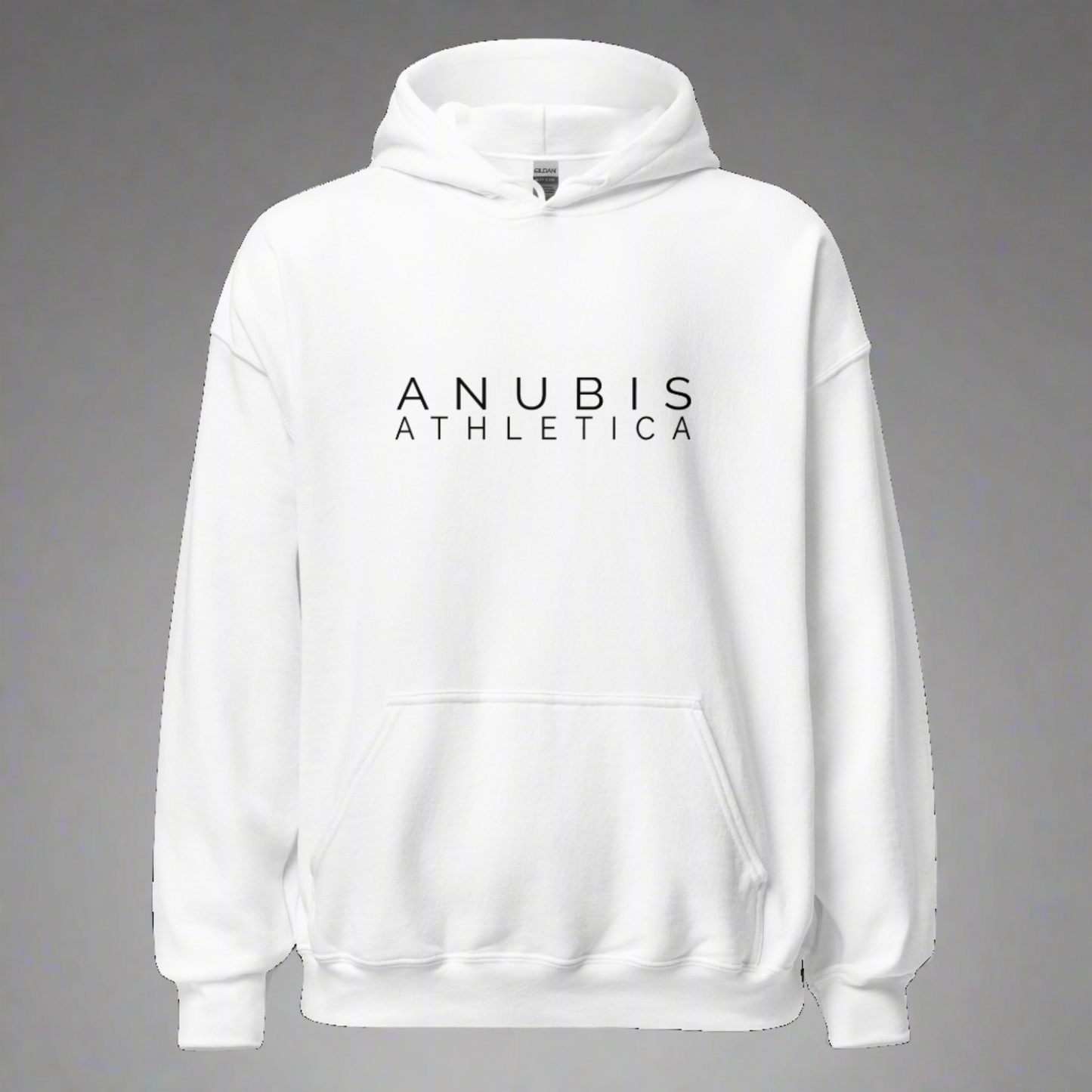 A pull over hoodie with the words Anubis Athletica printed in black on the front. Hoodie is color white