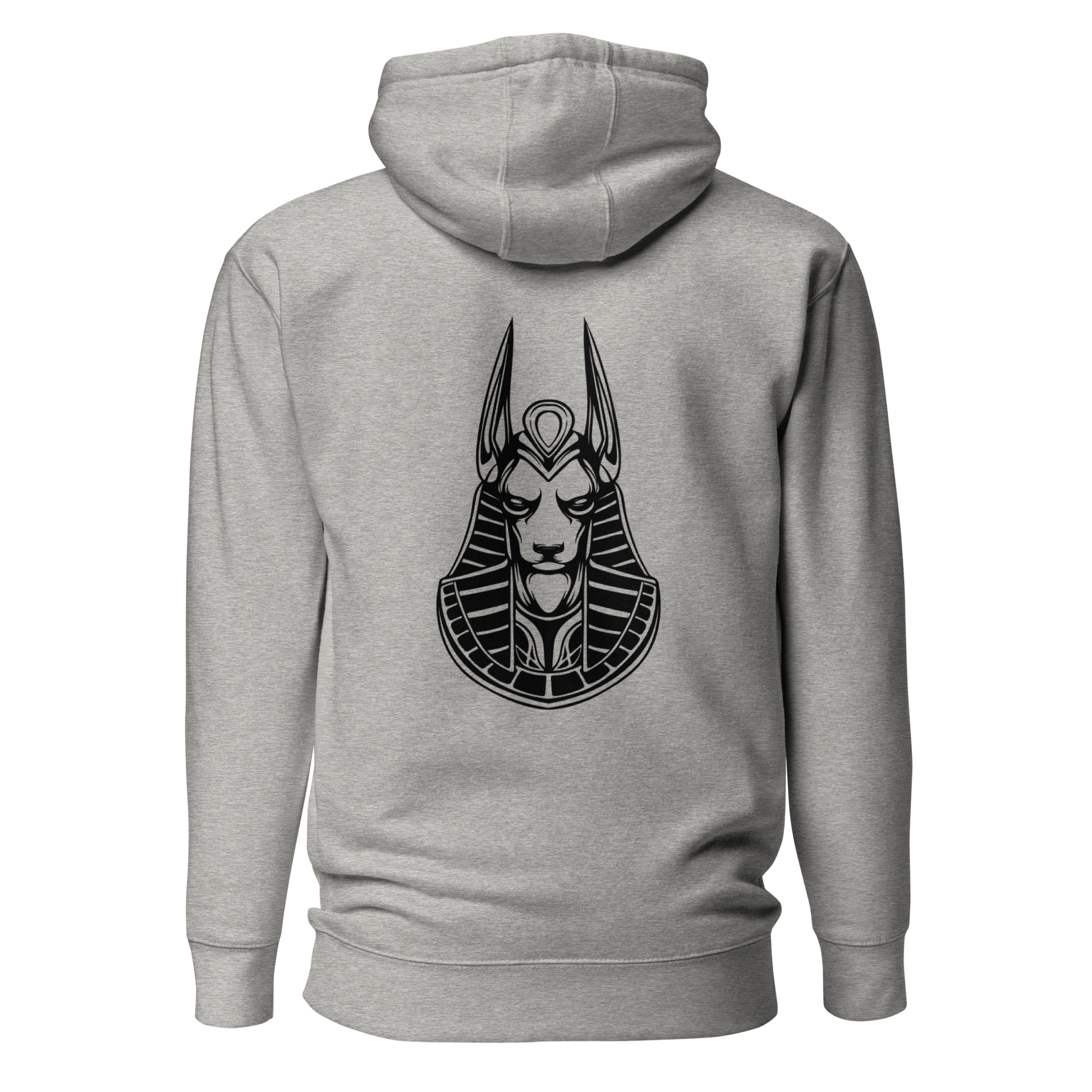 Back view of a Pull over hoodie with the logo of Anubis printed in black on the center. Color of the hoodie is heather gray