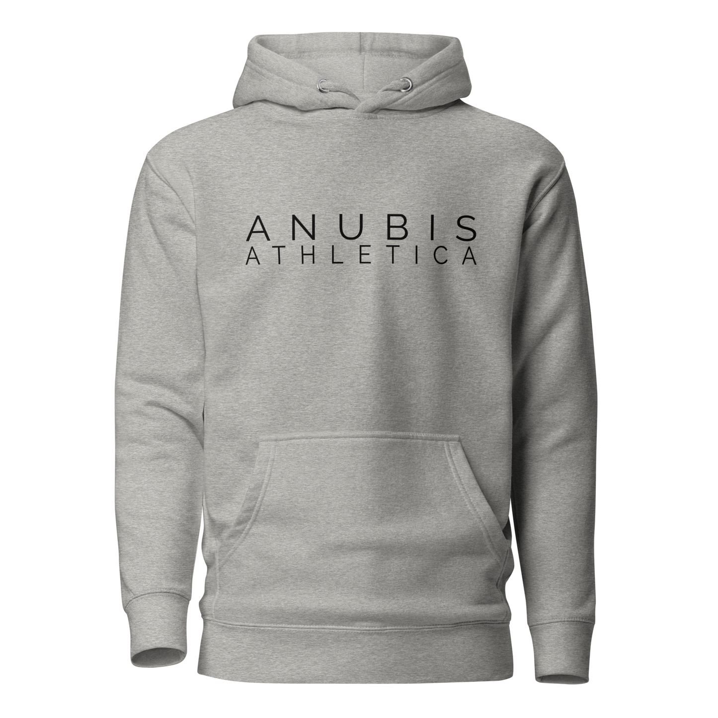 Pull over hoodie with the words Anubis Athletica printed in black on the center. Color of the hoodie is heather gray