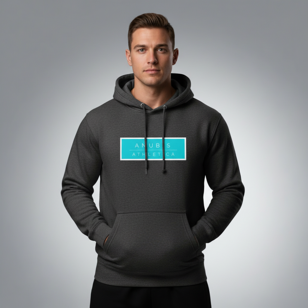 A gray hoodie with 'ANUBIS ATHLETICA' printed in blue on the front.