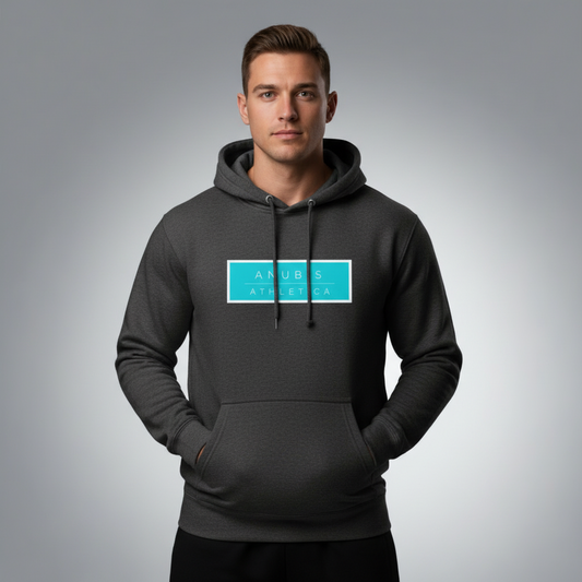 A gray hoodie with 'ANUBIS ATHLETICA' printed in blue on the front.