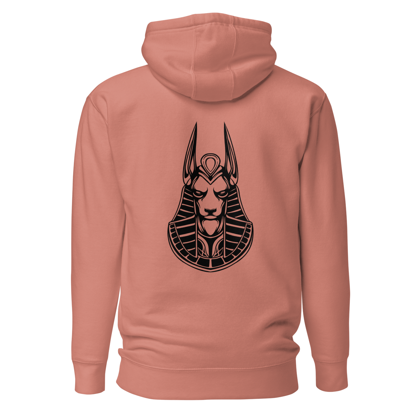 Back view of a Pull over hoodie with the logo of Anubis printed in black on the center. Color of the hoodie is dusty rose pink