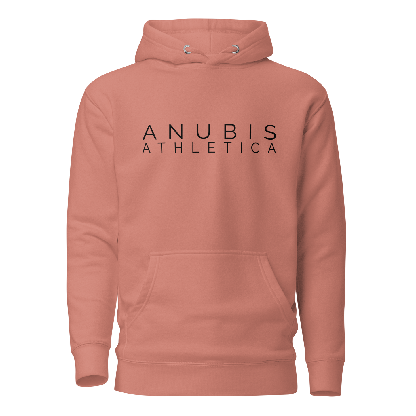 Pull over hoodie with the words Anubis Athletica printed in black on the center. Color of the hoodie is dusty rose pink