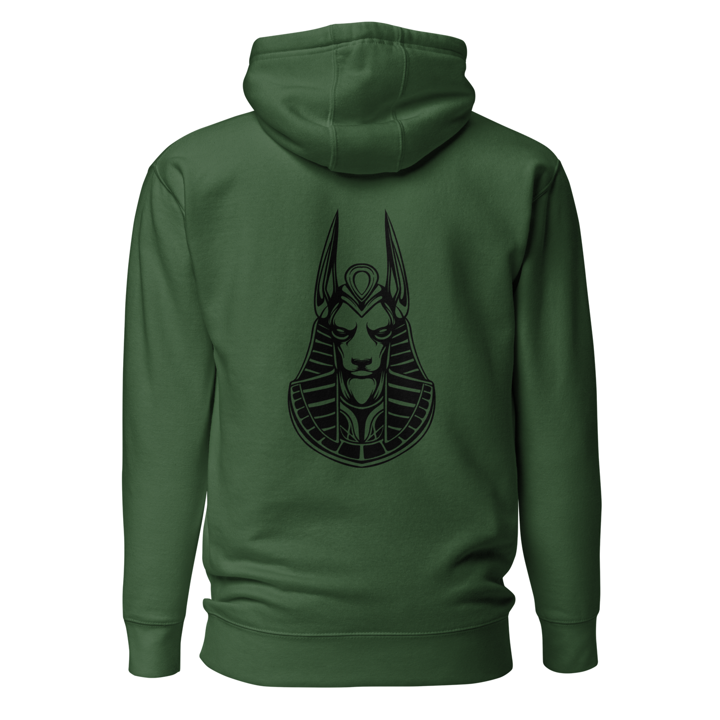 Back view of a Pull over hoodie with the logo of Anubis printed in black on the center. Color of the hoodie is forest green