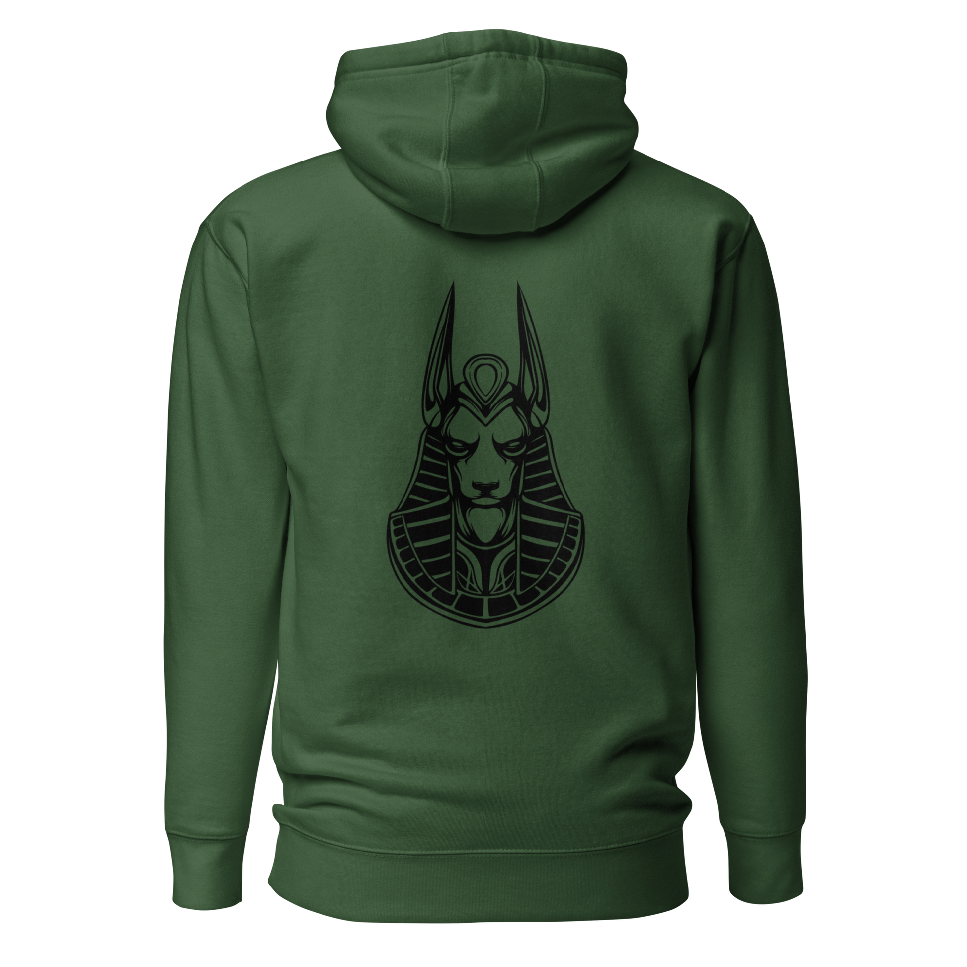 Back view of a Pull over hoodie with the logo of Anubis printed in black on the center. Color of the hoodie is forest green