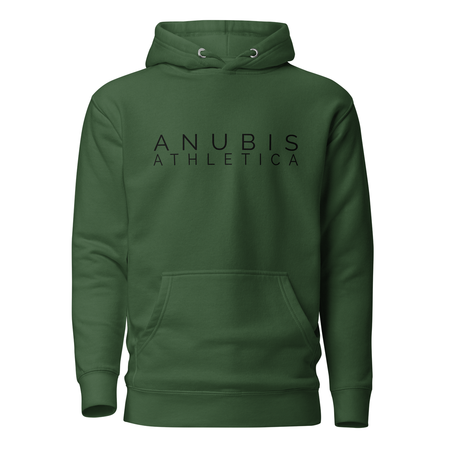 Pull over hoodie with the words Anubis Athletica printed in black on the center. Color of the hoodie is forest green