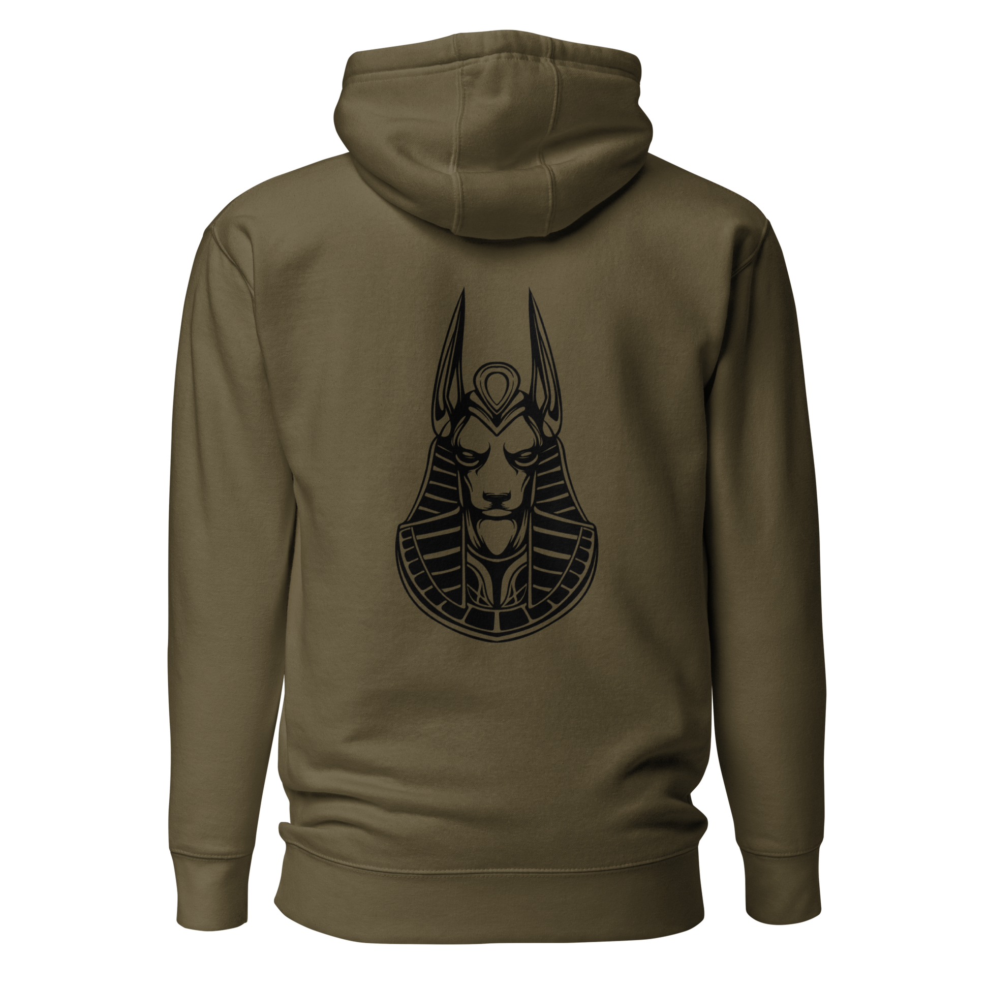 Back view of a Pull over hoodie with the logo of Anubis printed in black on the center. Color of the hoodie is military green