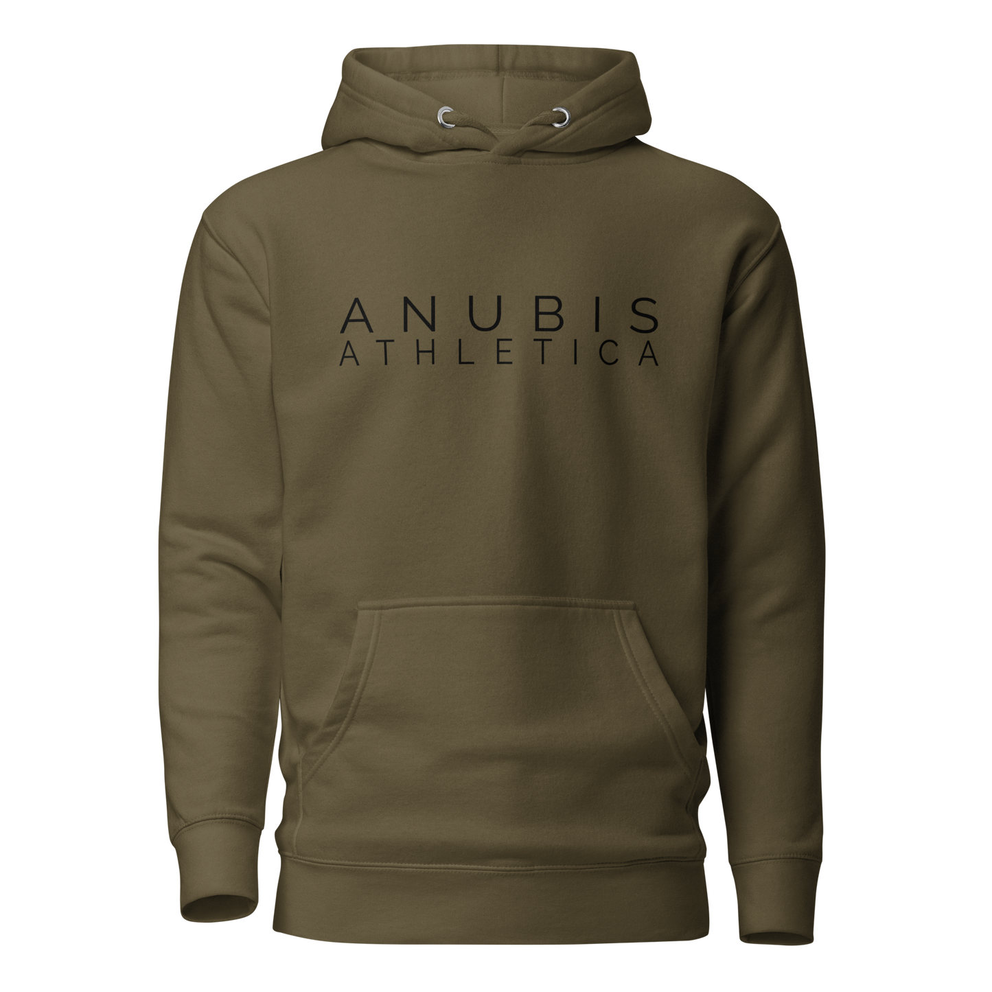 Pull over hoodie with the words Anubis Athletica printed in black on the center. Color of the hoodie is military green