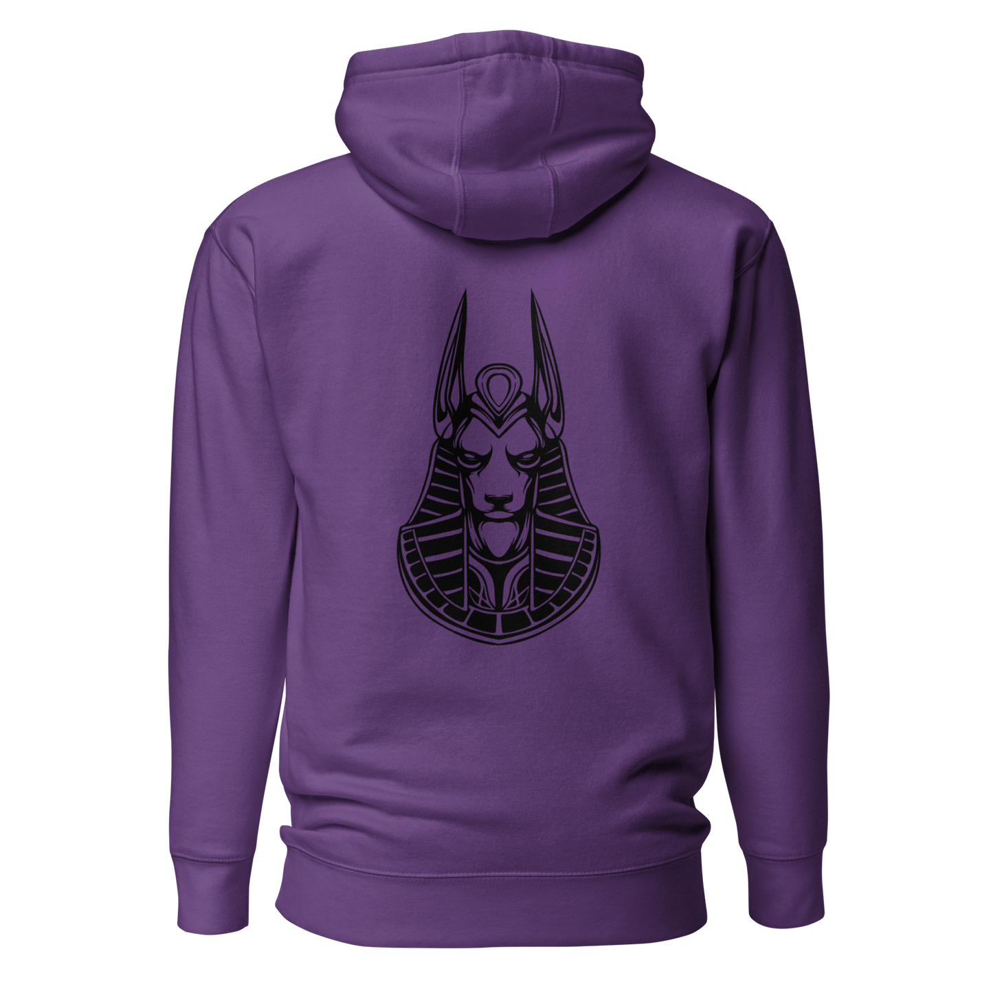 Back view of a Pull over hoodie with the logo of Anubis printed in black on the center. Color of the hoodie is purple