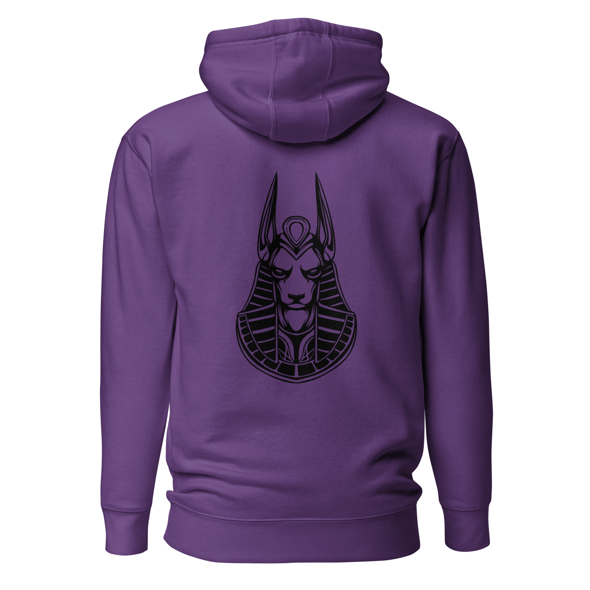 Back view of a Pull over hoodie with the logo of Anubis printed in black on the center. Color of the hoodie is purple