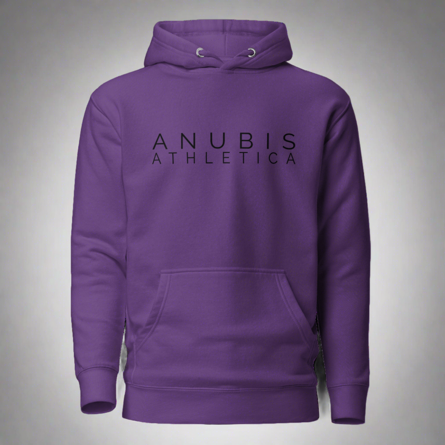 Pull over hoodie with the words Anubis Athletica printed in black on the center. Color of the hoodie is purple