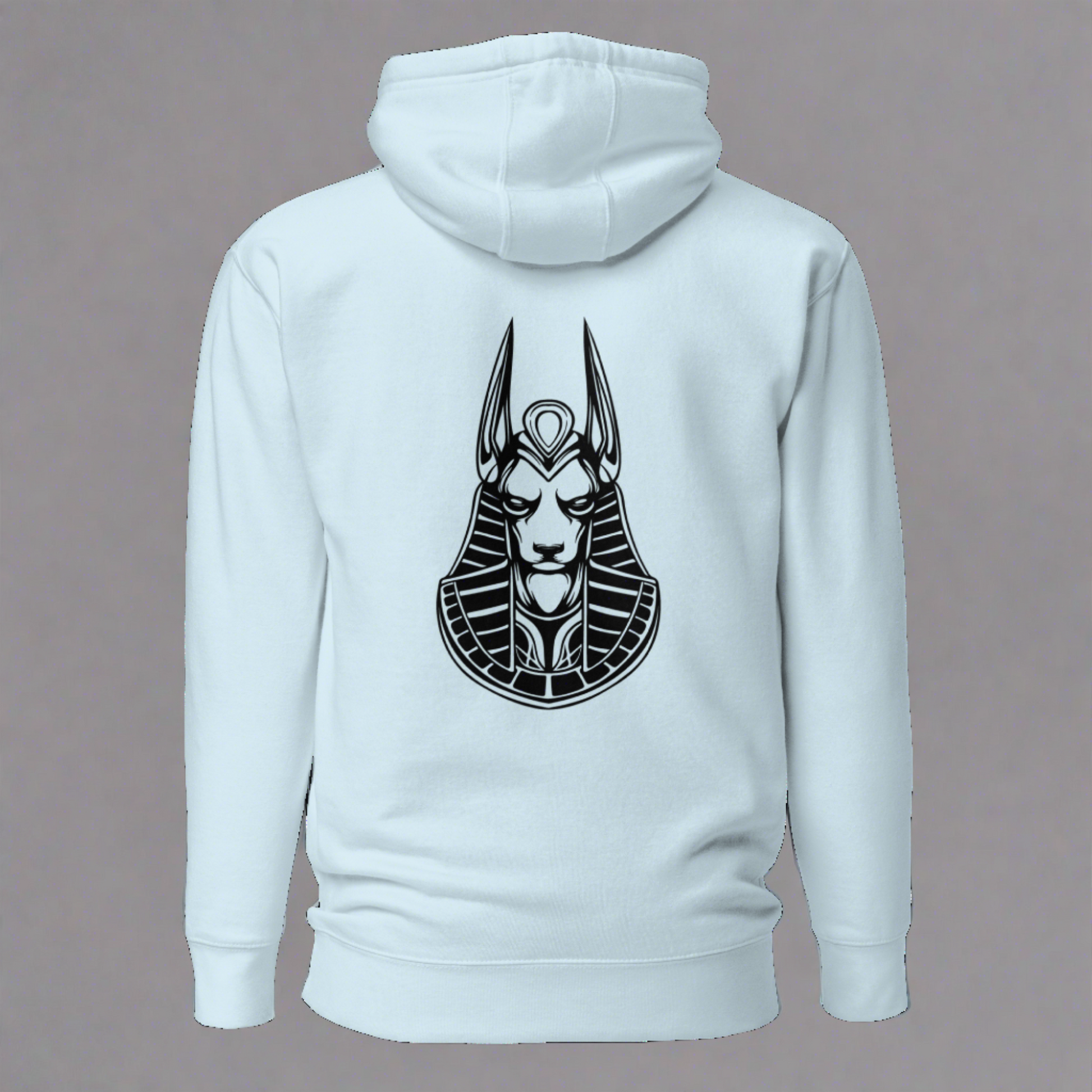 Back view of a Pull over hoodie with the logo of Anubis printed in black on the center. Color of the hoodie is sky blue