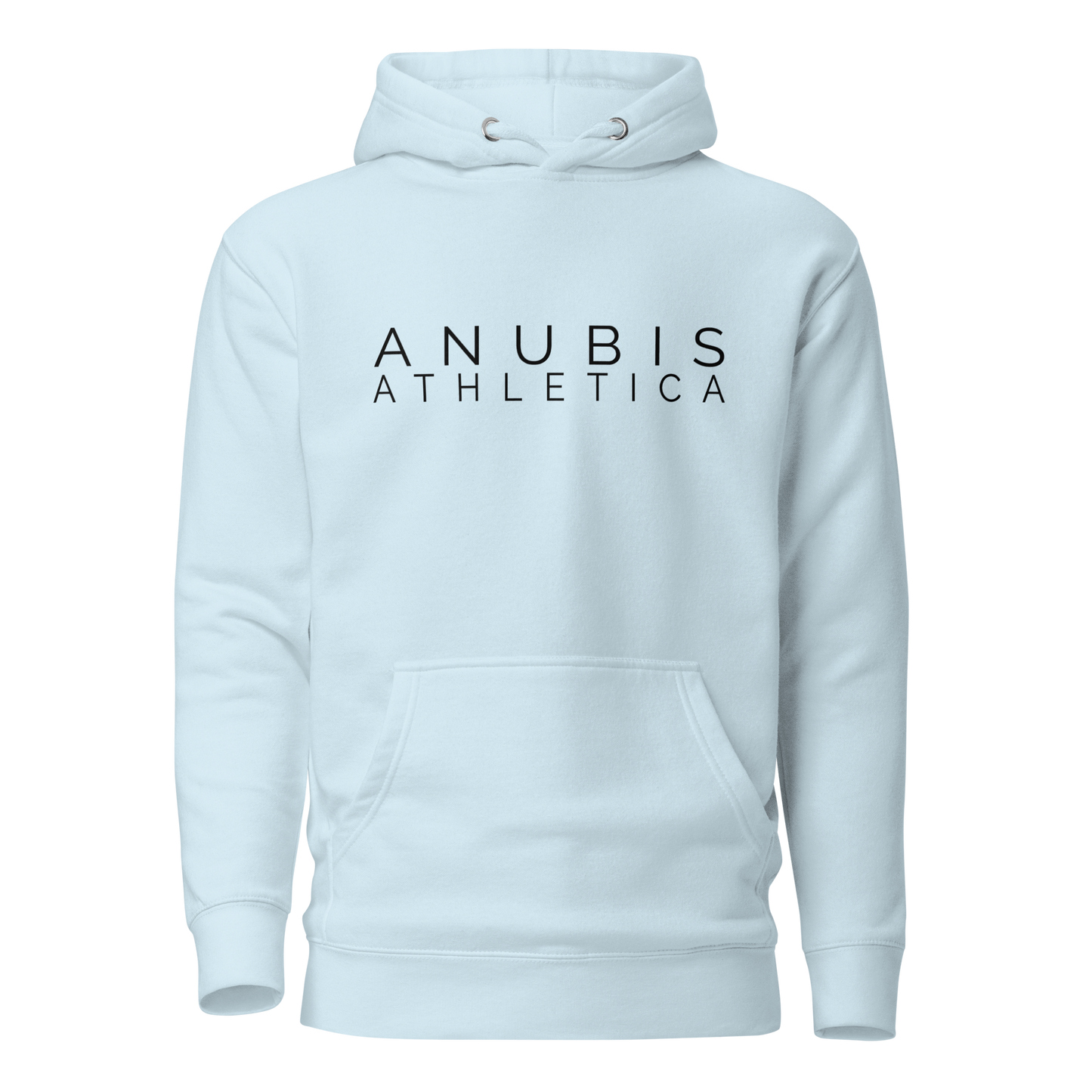 Pull over hoodie with the words Anubis Athletica printed in black on the center. Color of the hoodie is sky blue