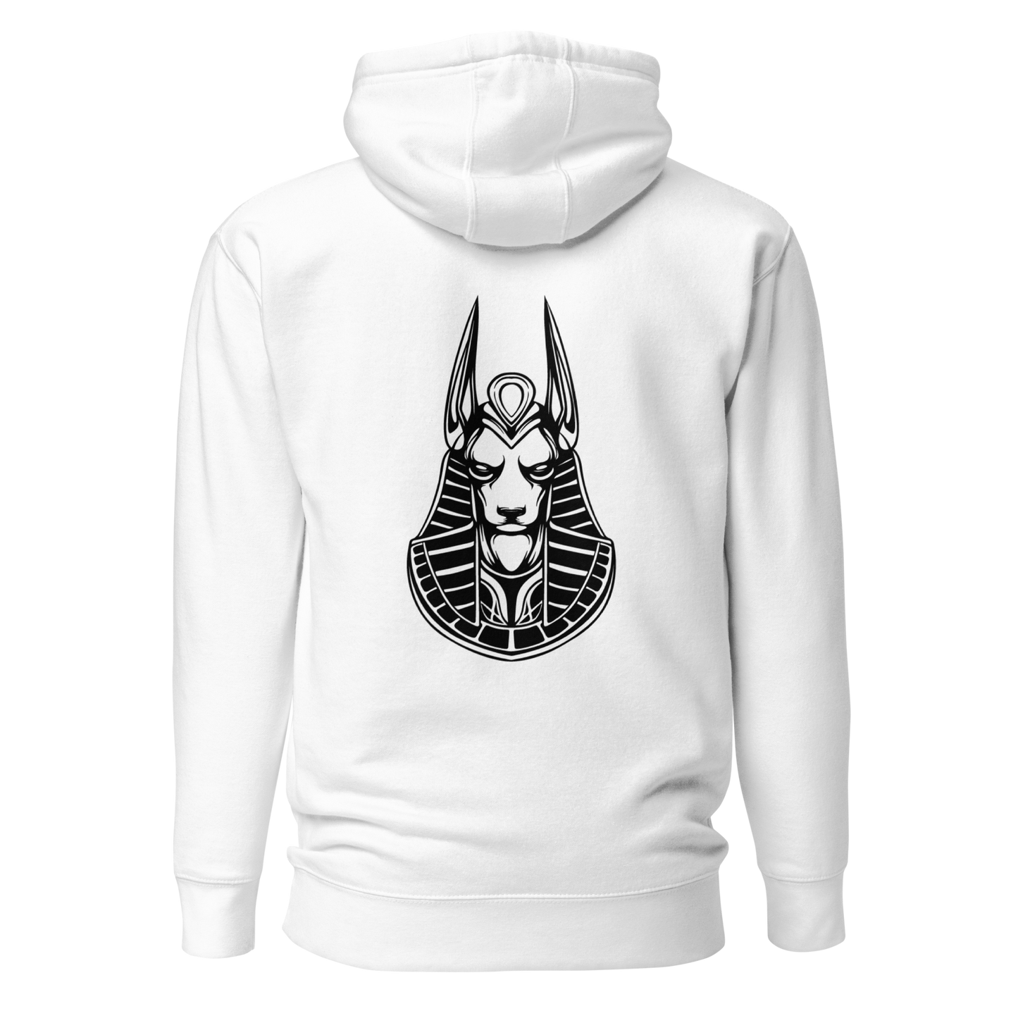 Back view of a Pull over hoodie with the logo of Anubis printed in black on the center. Color of the hoodie is white