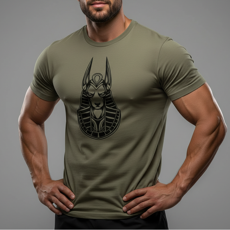 Man wearing a green t-shirt with a black graphic design on a gray background