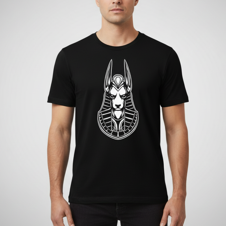 Man wearing a black t-shirt with a white graphic design on a gray background