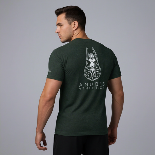 A gray crew neck t-shirt with a graphic print of Anubis on the back, branded with 'ANUBIS ATHLETICA'.