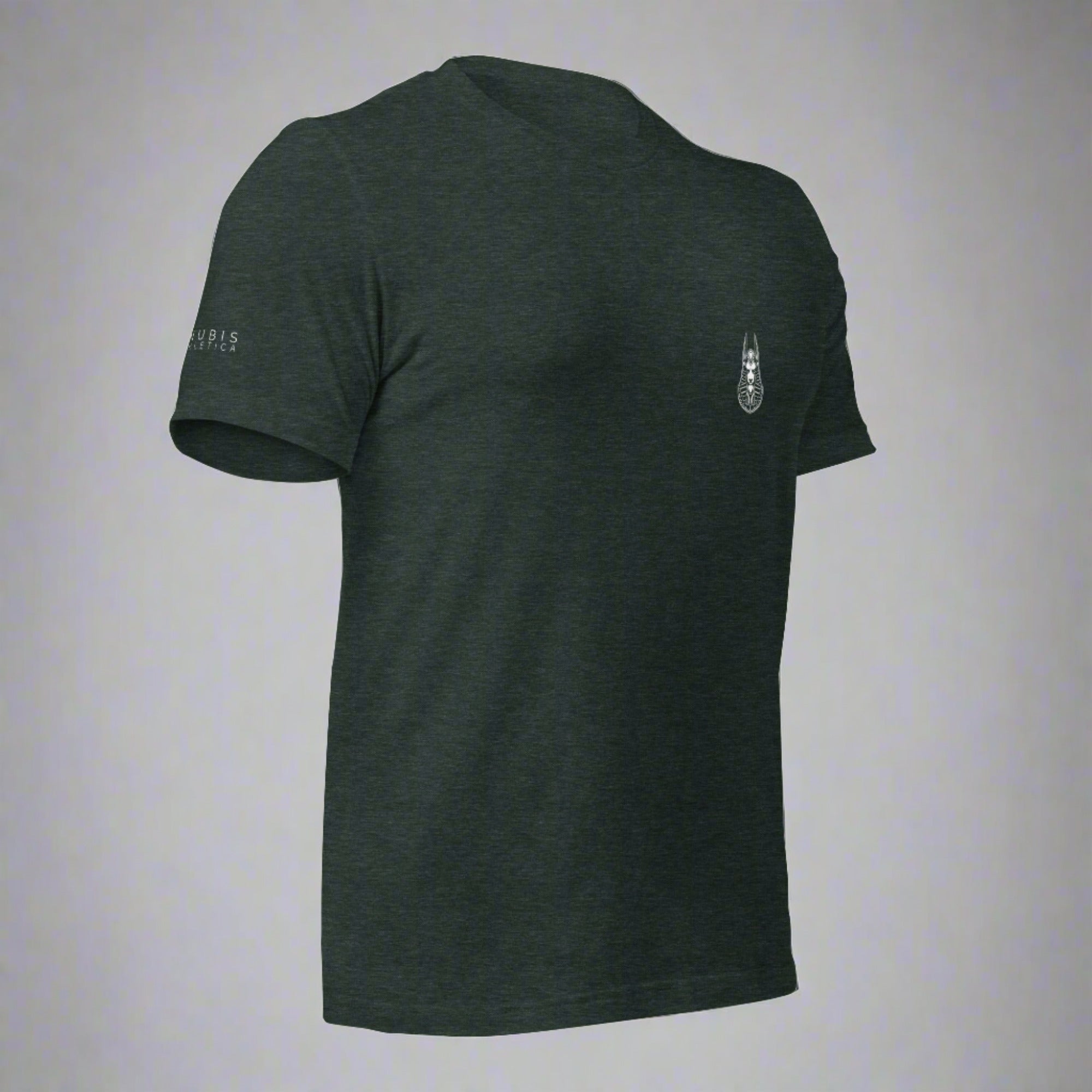 A gray crew neck t-shirt with a graphic print of Anubis on the back, branded with 'ANUBIS ATHLETICA'.