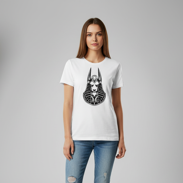 Person wearing a white t-shirt with a black graphic design on a gray background