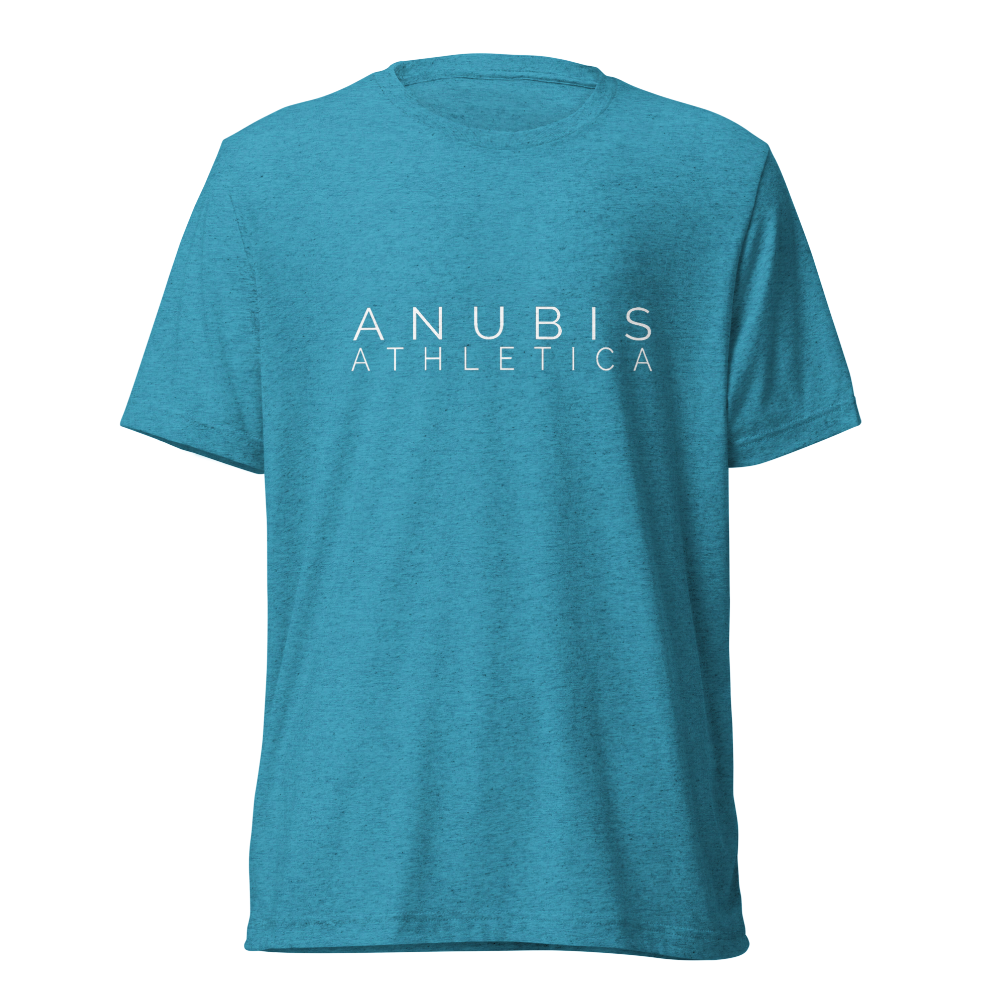 tee shirt with the name Anubis Athletica printed in white in the center. The shirt is color aqua