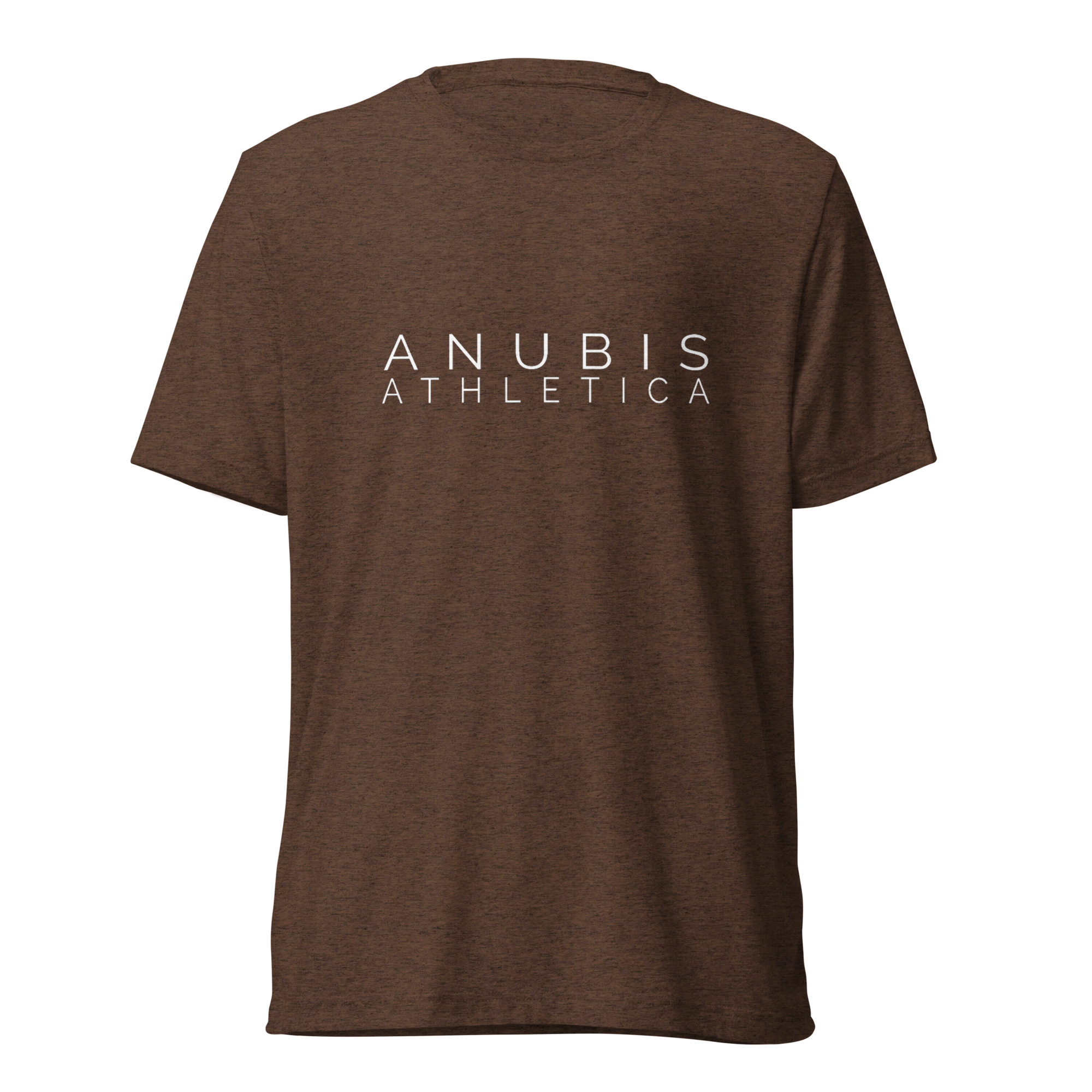 tee shirt with the name Anubis Athletica printed in white in the center. The shirt is color brown