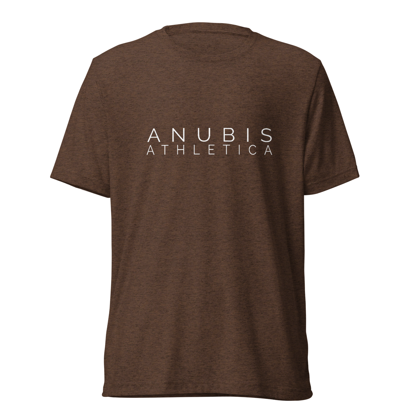 tee shirt with the name Anubis Athletica printed in white in the center. The shirt is color brown