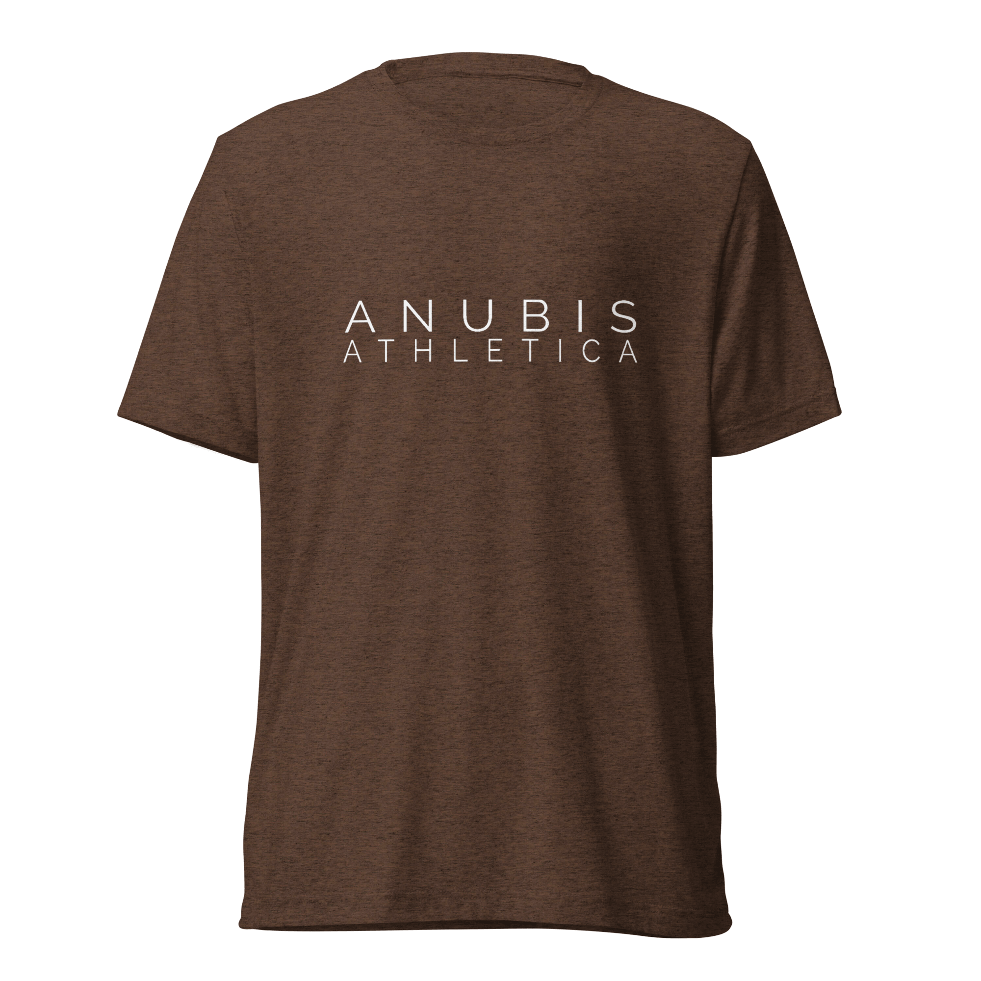 tee shirt with the name Anubis Athletica printed in white in the center. The shirt is color brown