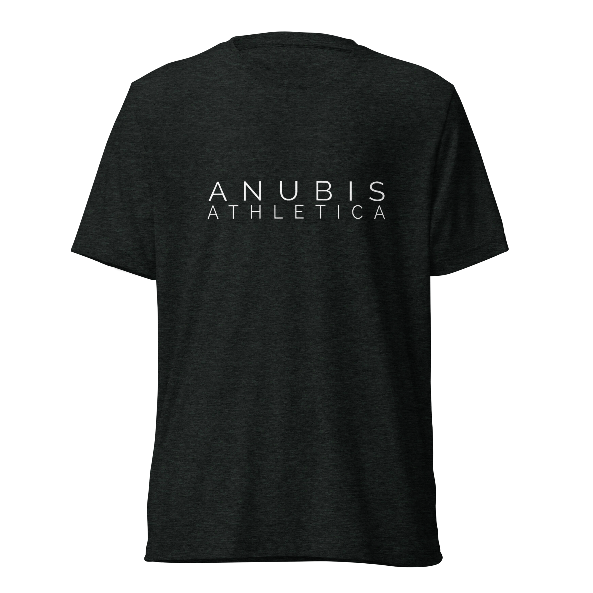 tee shirt with the name Anubis Athletica printed in white in the center. The shirt is color charcoal black