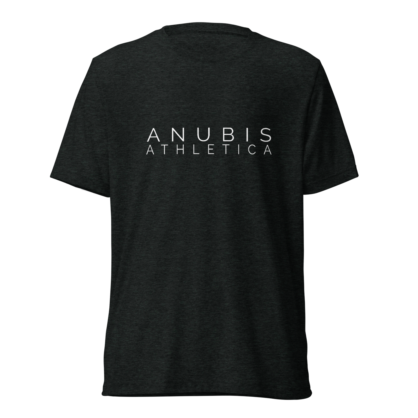 tee shirt with the name Anubis Athletica printed in white in the center. The shirt is color charcoal black