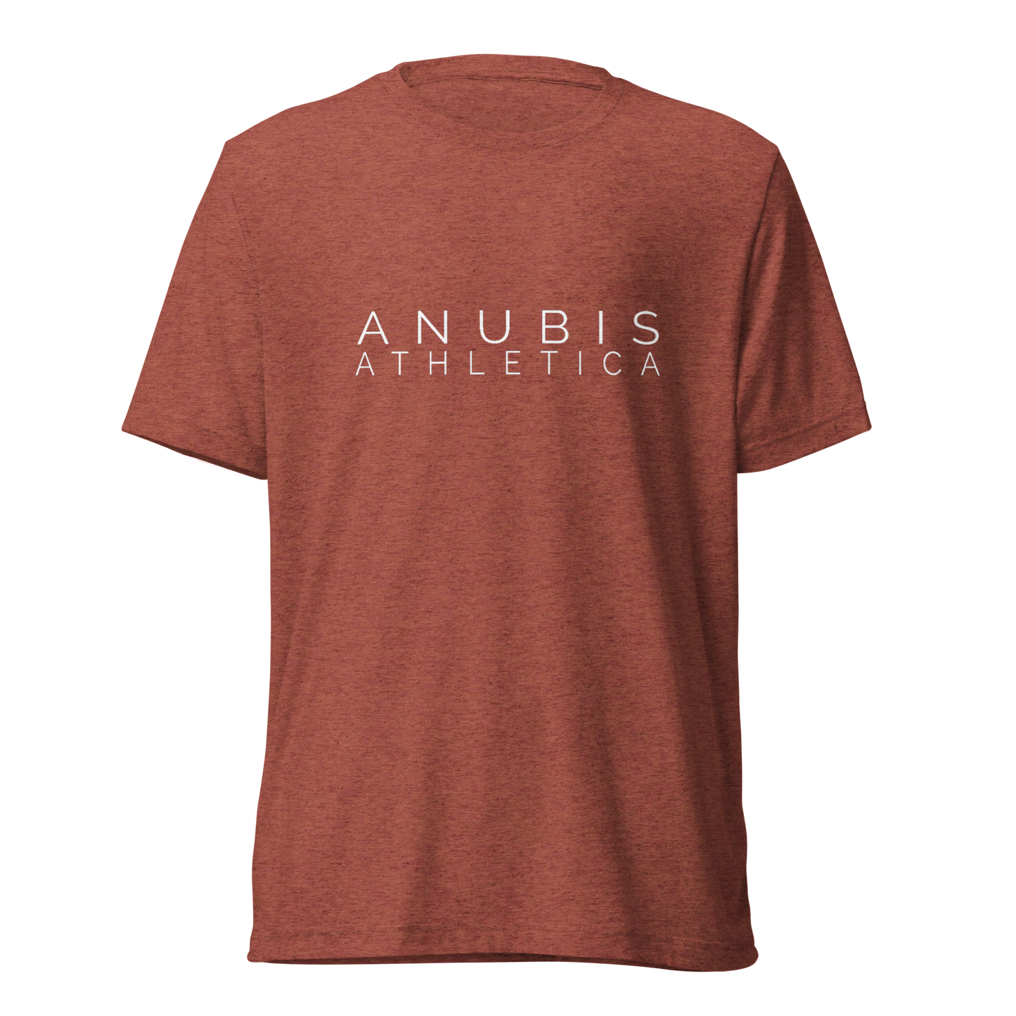 tee shirt with the name Anubis Athletica printed in white in the center. The shirt is color clay