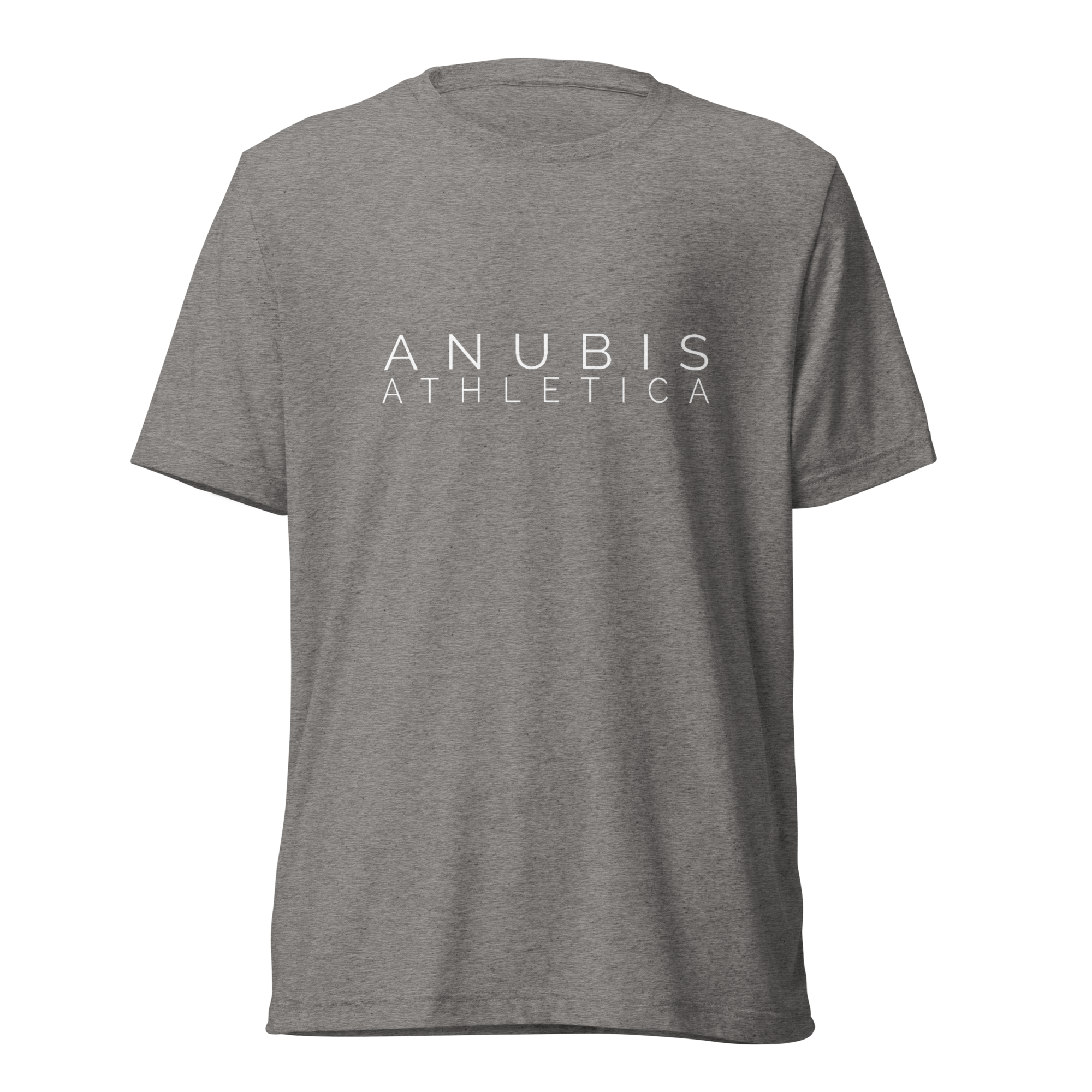 tee shirt with the name Anubis Athletica printed in white in the center. The shirt is color grey