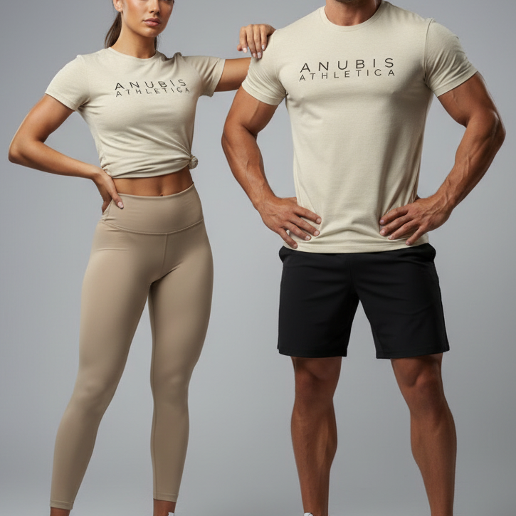 A beige t-shirt with 'ANUBIS ATHLETICA' printed in black text on the front.