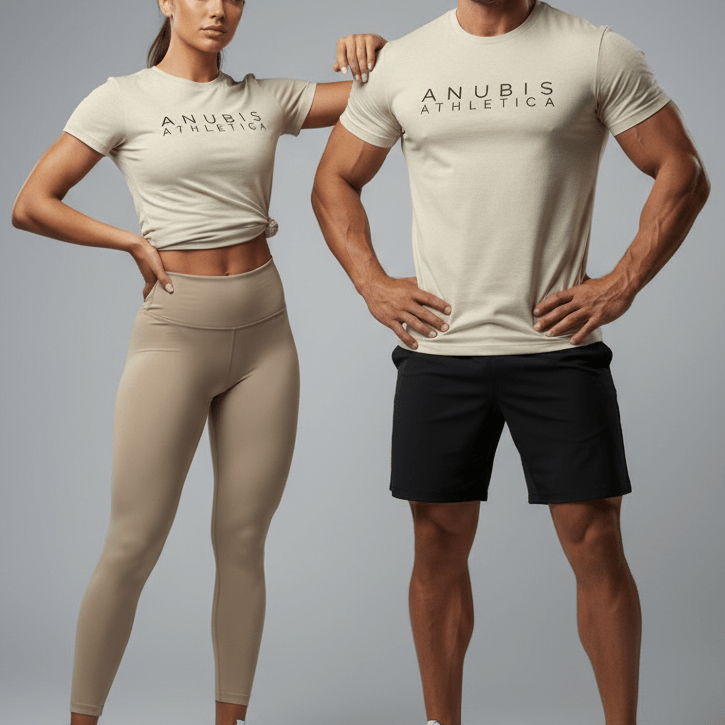 A beige t-shirt with 'ANUBIS ATHLETICA' printed in black text on the front.