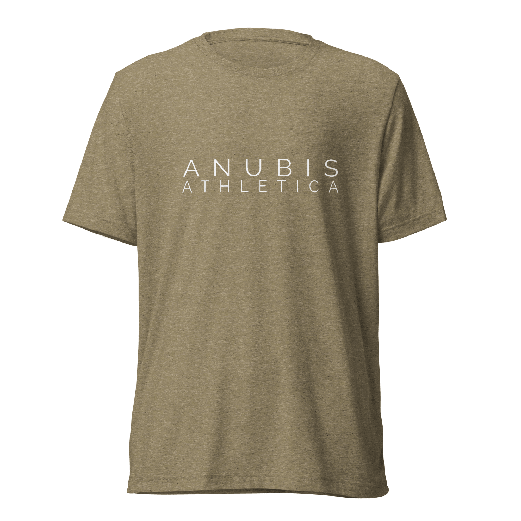 tee shirt with the name Anubis Athletica printed in white in the center. The shirt is color olive