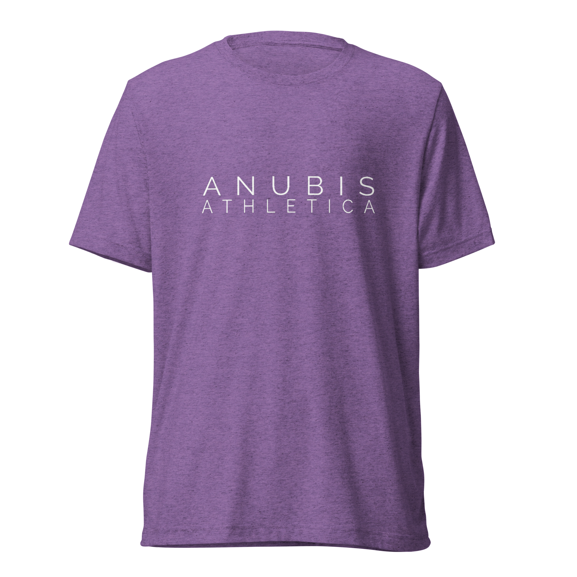 tee shirt with the name Anubis Athletica printed in white in the center. The shirt is color purple