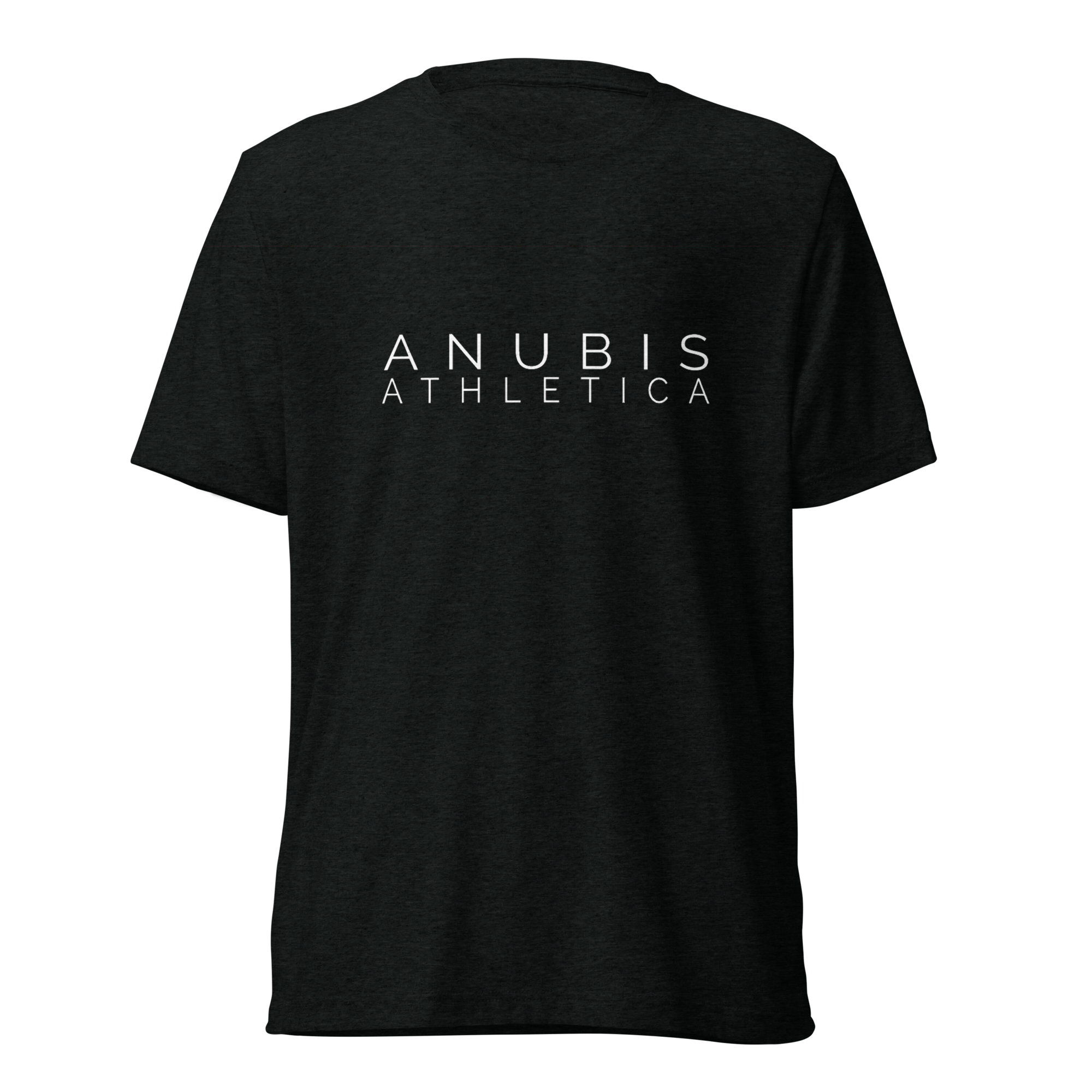 tee shirt with the name Anubis Athletica printed in white in the center. The shirt is color black