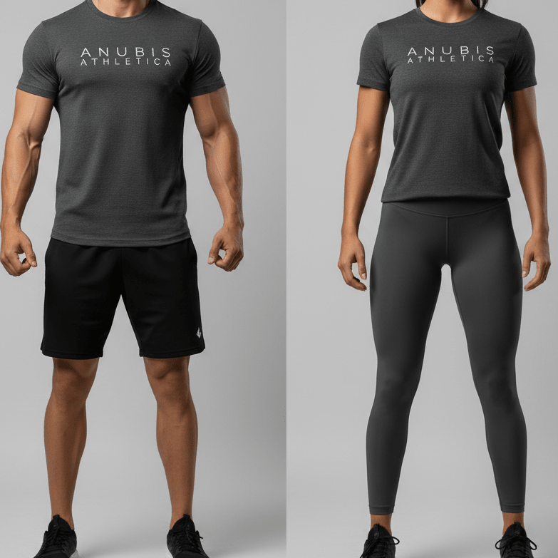 Person wearing a dark gray t-shirt with 'Anubis Athletica' logo on a gray background