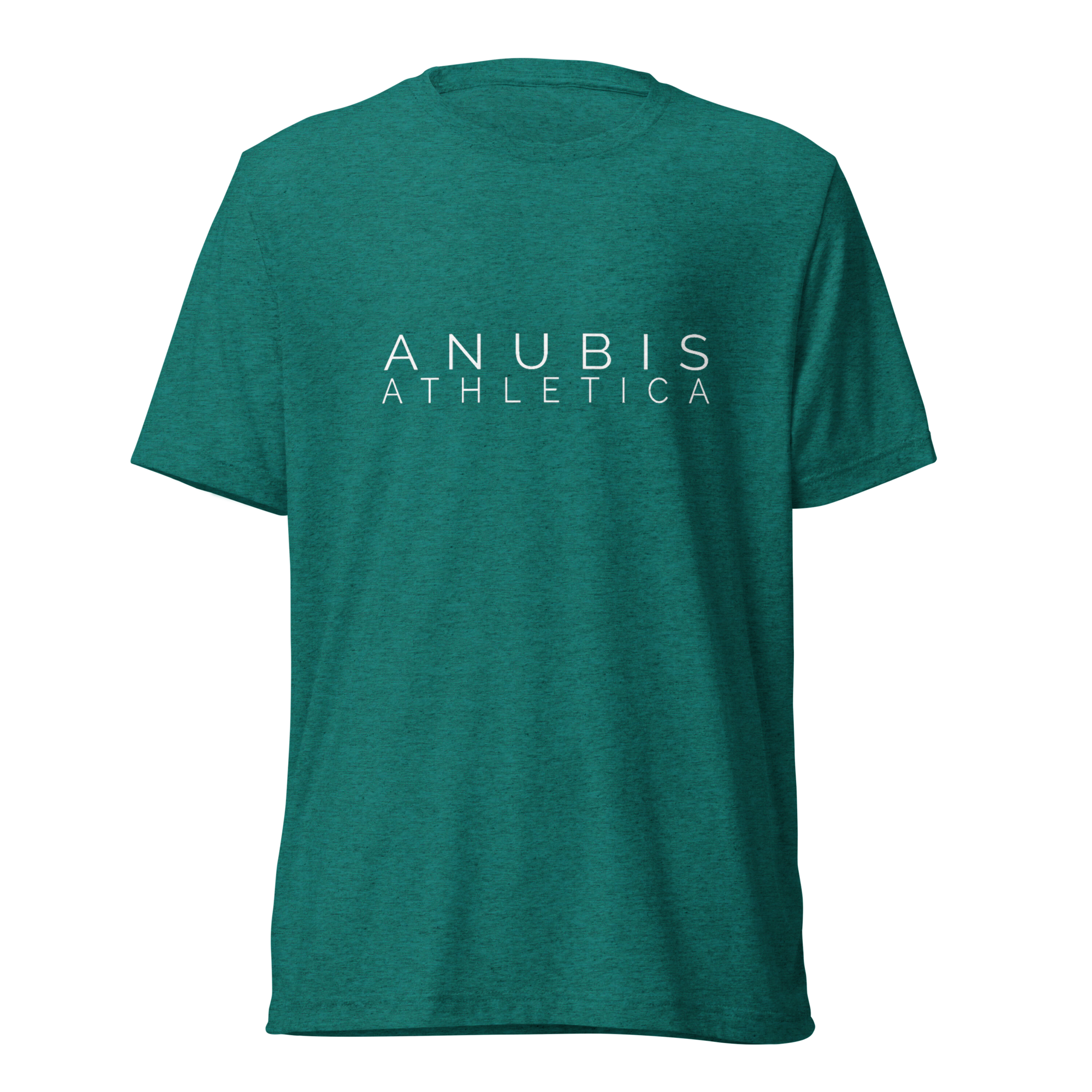 tee shirt with the name Anubis Athletica printed in white in the center. The shirt is color teal