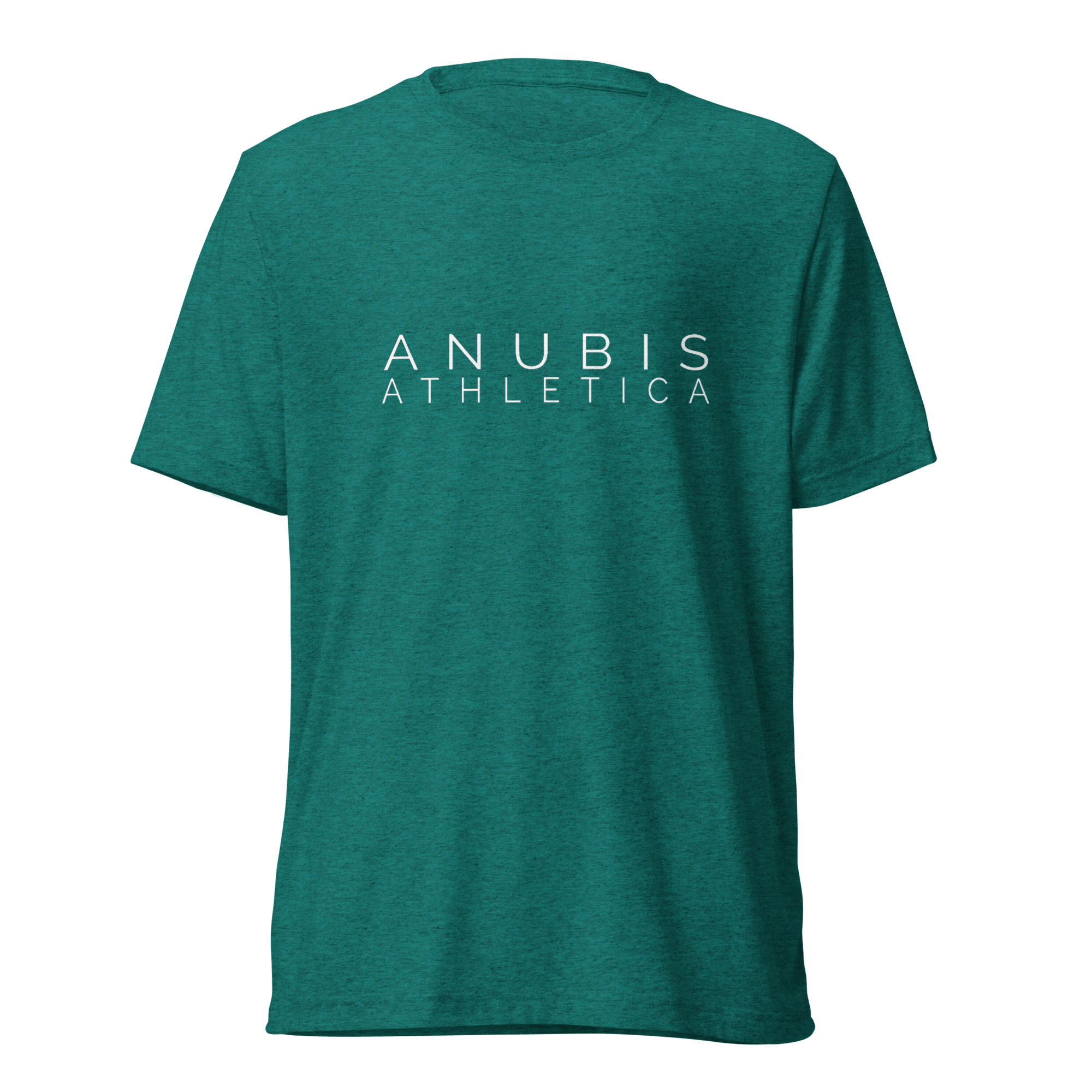 tee shirt with the name Anubis Athletica printed in white in the center. The shirt is color teal