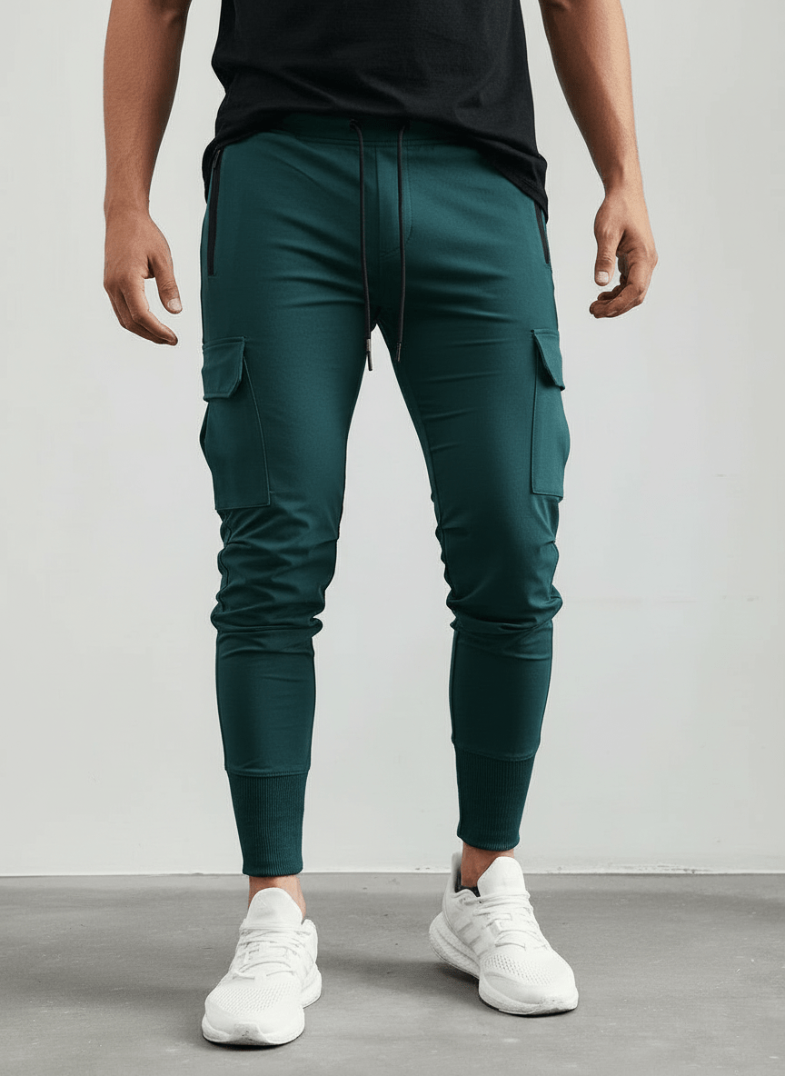 Person wearing dark green cargo jogger pants with a plain background